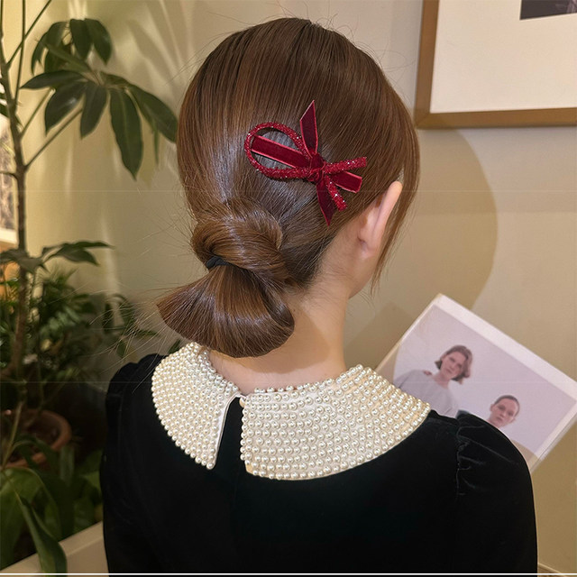 New Year's Bow hair clip red velvet bangs folder side clamping temperament 2025 new rhinestone celebrates New Year's head jewelry female
