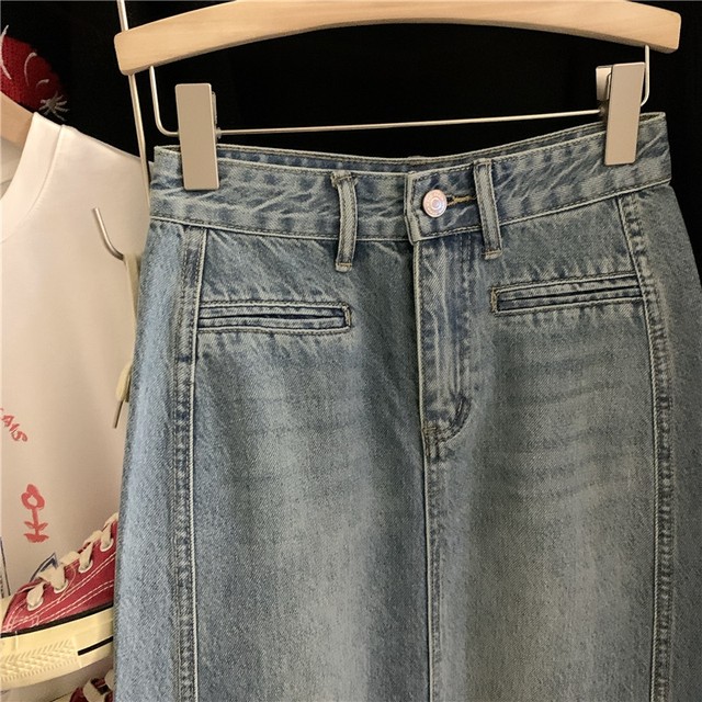 Korean order light blue rear slit denim skirt for women in early spring high waist slim mid-length hip-cover skirt
