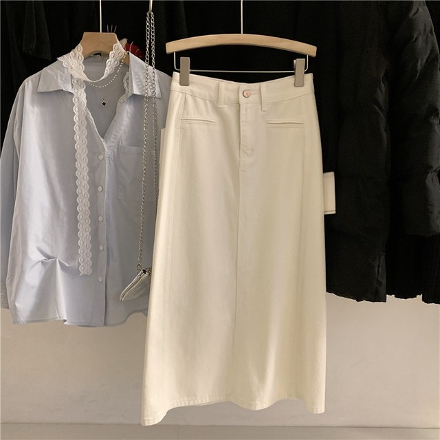 Korean order light blue rear slit denim skirt for women in early spring high waist slim mid-length hip-cover skirt
