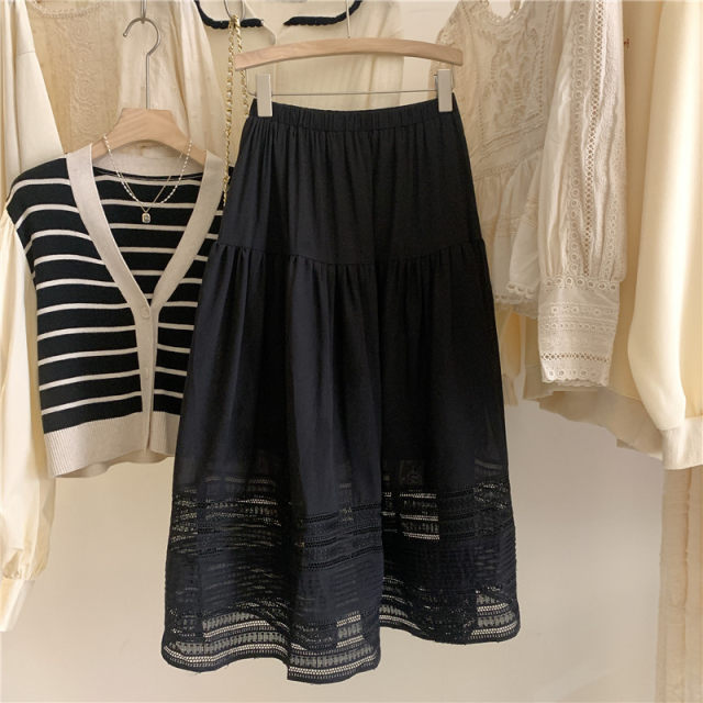 White skirt female 2024 new summer embroidery hollow stitching A -line long size umbrella skirt high waist puff skirt
