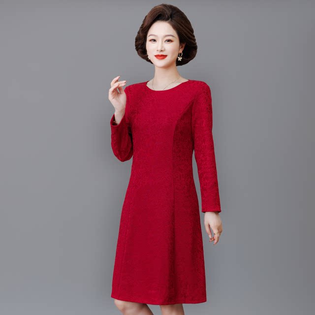 Young mother-in-law's wedding banquet outfit, mother's wedding dress, noble and foreign style high-end red high-end temperament dress autumn and winter