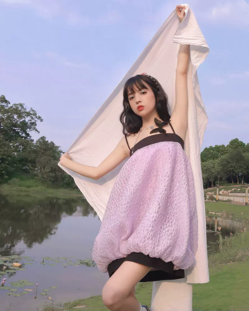 迷路森林原创设计 奶油葡萄 南瓜花苞紫色吊带连衣裙女夏季新品