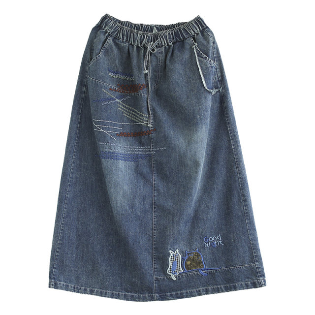 Dele original innovative literary design narrow version denim skirt for women's retro lace-up slim mid-length A-line skirt