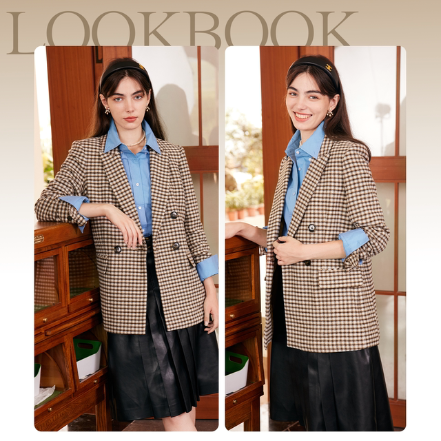 Prich shopping malls in the same suit autumn and winter contain cotton wool double -breasted small grid jacket female