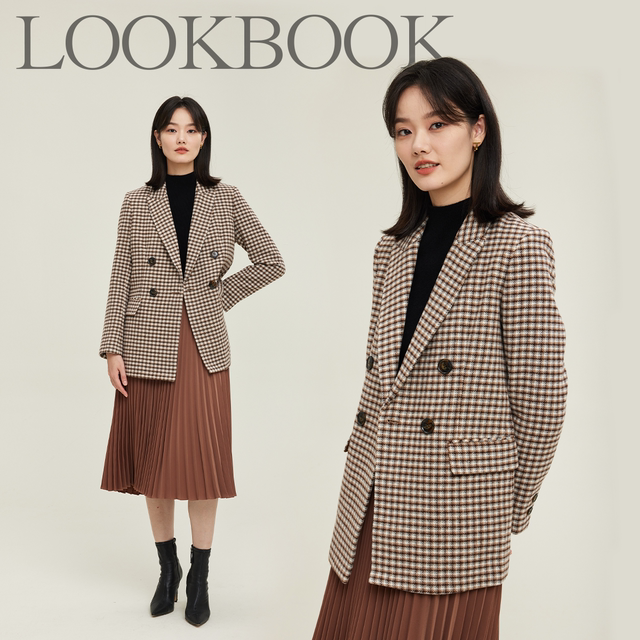 Prich shopping malls in the same suit autumn and winter contain cotton wool double -breasted small grid jacket female