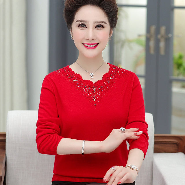 This Nunn Nian Mom pretend to be a red sweater female spring and autumn new middle -aged large size bottoming shirt, foreign western, middle -aged and elderly wool sweater
