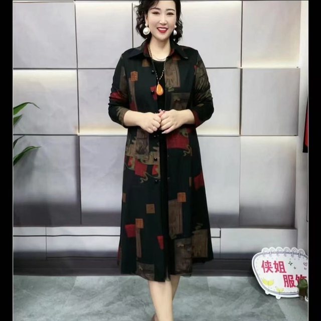 Autumn and winter new style large size women's single-breasted windbreaker mid-length printed slimming knee-high high-end temperament coat