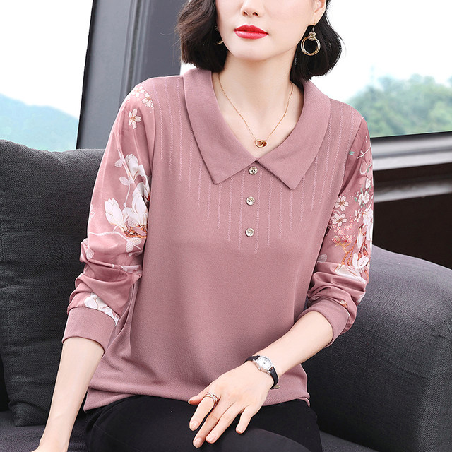 2025 Mom's new autumn clothing long-sleeved T-shirt pure cotton middle-aged and elderly fashionable bottoming shirt middle-aged women's top