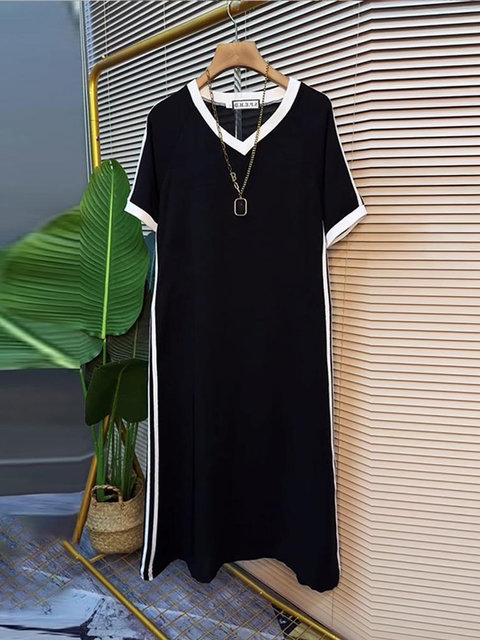 Fat sister 2-300Jin [Jin equals 0.5 kg] Extra large size loose belly slim and casual style summer short-sleeved V-neck long dress for women