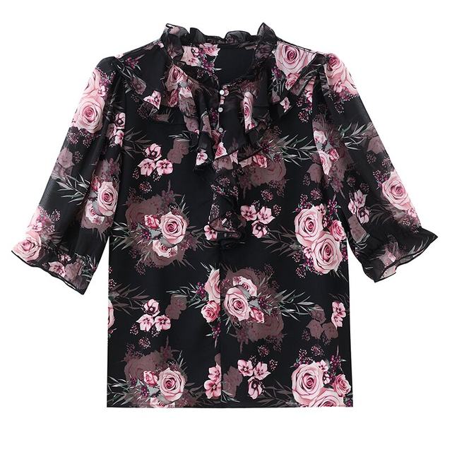 Mulberry silk ribbon leaf edge 7-quarter sleeve shirt 2025 new mother floral fashionable little shirt chiffon shirt top