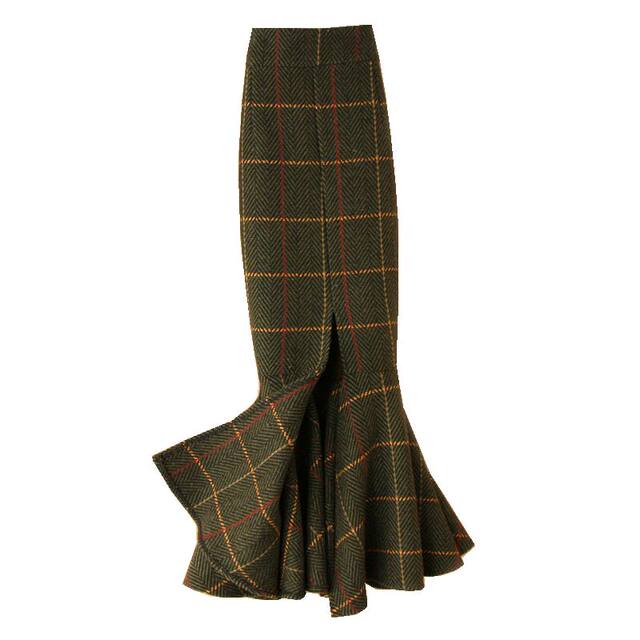 Retro plaid thickened woolen fishtail skirt winter long plaid skirt slit ruffle edge hip long skirt women