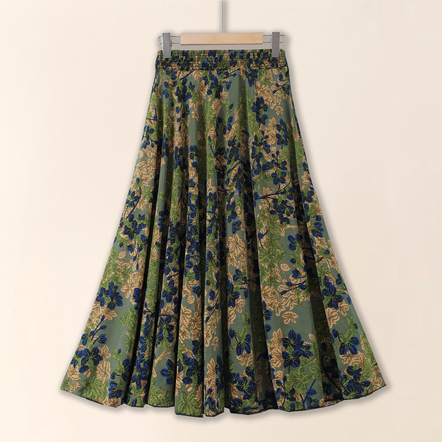 
New floral ice silk skirt summer, mother-in-law elastic waist high waist A-line large swing mid-length over-knee skirt, making it look slim