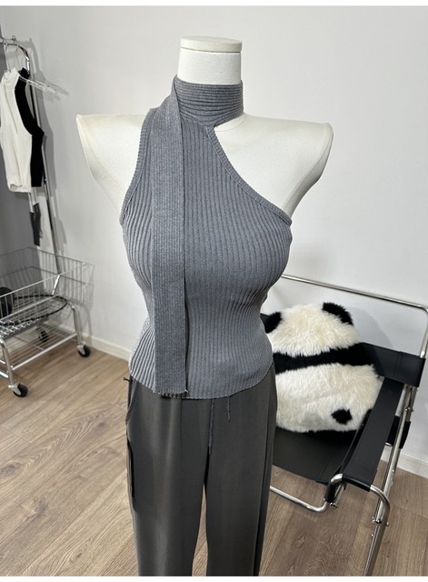 French style drifting shoulder sleeveless sweater vest, slim top, autumn new style
