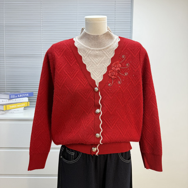 
Mother's clothing plus velvet sweater women's winter all-in-one velvet middle-aged and elderly women's clothing thickened bottoming shirt fake two-piece top