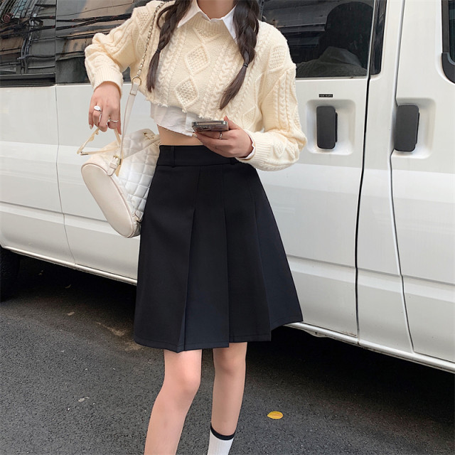 Large size high-waisted gray skirt for women in spring and summer design pleated skirt mid-skirt college style retro slim A-line skirt