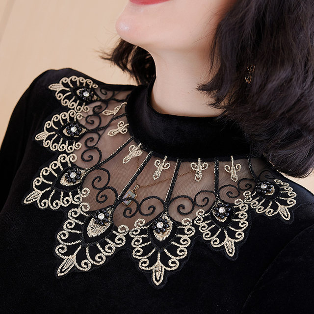 Spring and Autumn Half-high neck velvet dress for women long sleeves 2025 new temperament lace waist-hugging long skirt