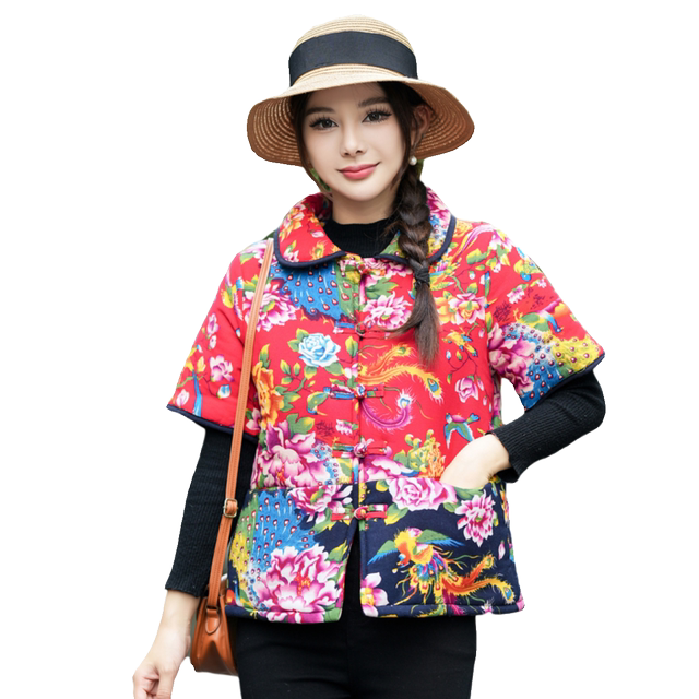 Mom's autumn and winter half-sleeved velvet cotton-padded jacket, ethnic style button-down cotton coat, middle-aged women's thickened and warm Northeast large flower vest