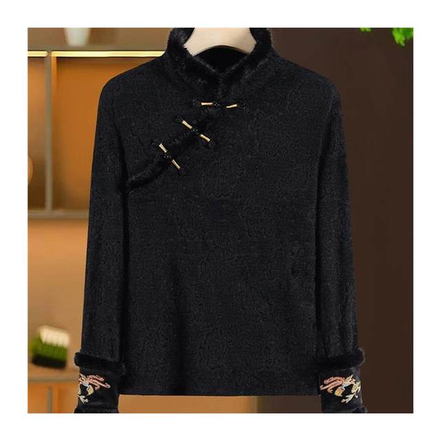 Chinese style base shirt for women with retro slanted placket embroidery light Chinese style shirt for autumn and winter plus velvet thickened warm top
