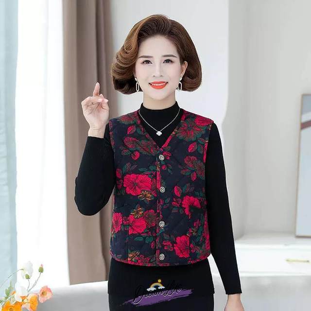 Autumn and winter flower cotton jacket for women for women horse clips with thickened fit warm vest for middle-aged and elderly people for winter grandma camel lint cotton
