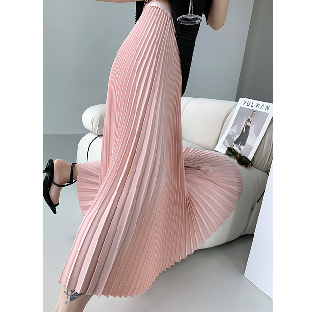 Xie Ugly High waist Slender pleated skirt Female spring and summer tide brand vertical velvet wrinkles A -line women's long skirt
