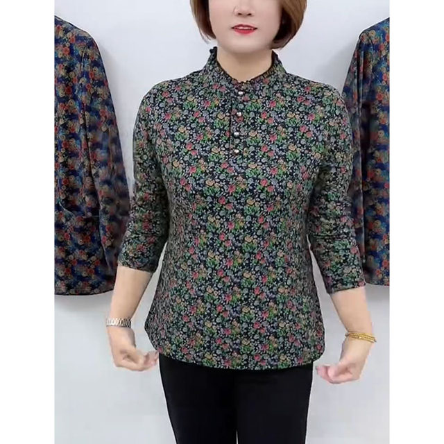 New autumn and winter half-high collar thickened warm shirt casual long-sleeved loose all-in-one velvet bottoming shirt for middle-aged and elderly girls