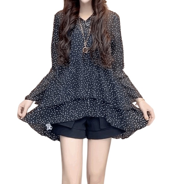 Design-sensual leopard print chiffon mid-length shirt for women V-neck black polka dot top flared sleeves ruffled chiffon shirt