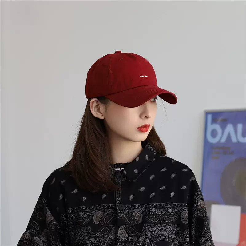 日系鸭舌帽女小众酒红色棒球帽韩版遮阳帽软顶复古显
