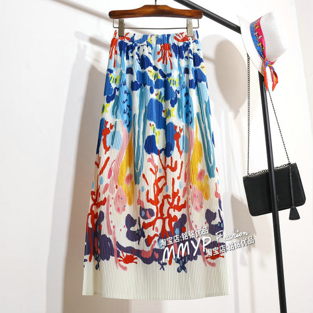 Dopamine color oil painting graffiti pleated skirt for women in spring and summer 2025 new printed skirt pleated skirt