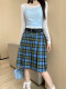 American retro college style Scottish plaid pleated skirt women's mid-length summer A-line short skirt plaid skirt