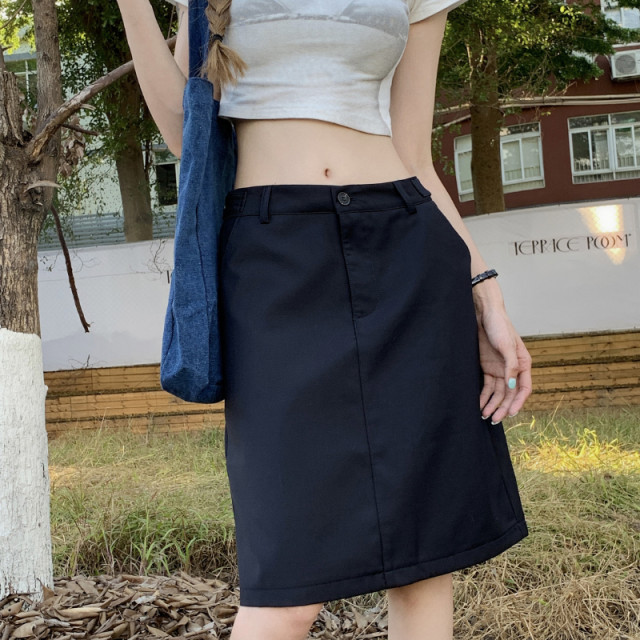 Large size navy blue summer skirt for women black suit over knee mid-skirt to look slim skirt fat mm straight skirt