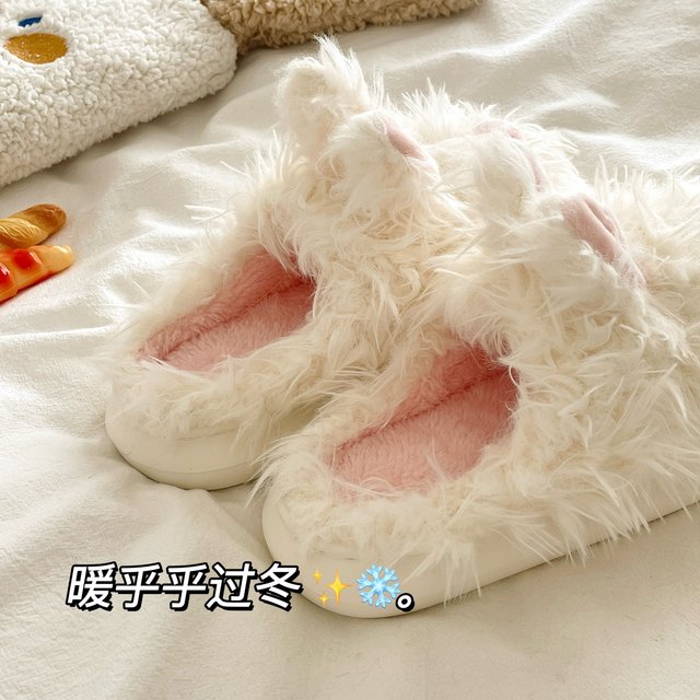 Scrawled Milk Rabbit~! Sweet and cute ins Baotou plus velvet cotton slippers for women indoor home warm thick-soled cotton slippers