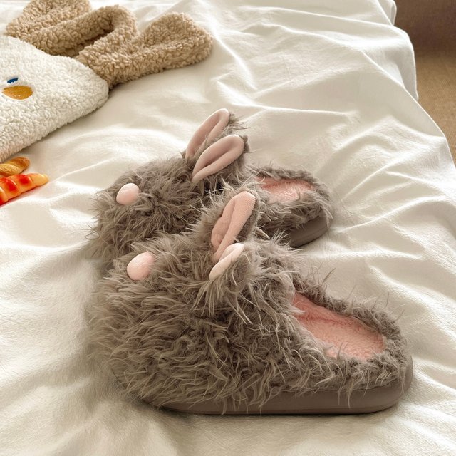 Scrawled Milk Rabbit~! Sweet and cute ins Baotou plus velvet cotton slippers for women indoor home warm thick-soled cotton slippers
