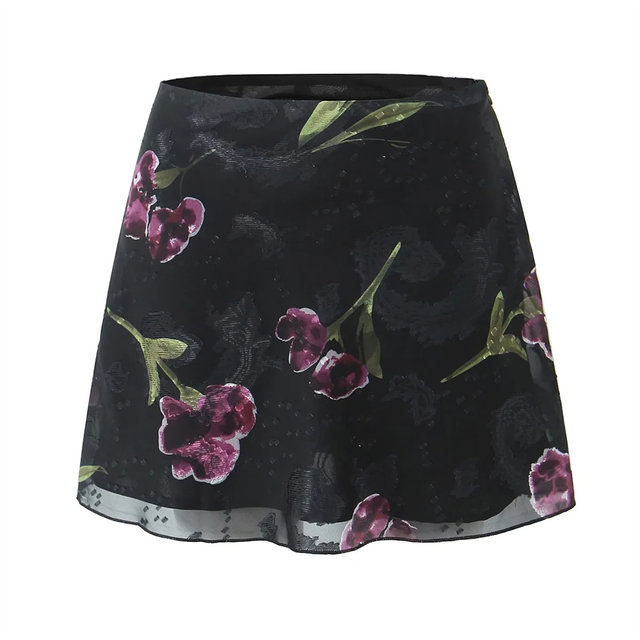 American retro flower printed mesh skirt for women short sexy high waist cover hips and slim A-line skirt short skirt