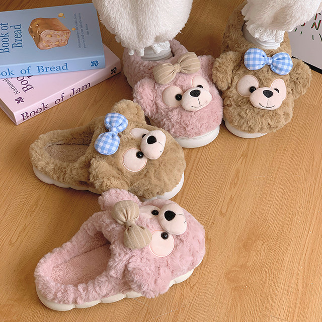 Cute bear cotton slippers for women winter outer wear 2024 new non-slip thick bottom home bag with warm cotton shoes swing