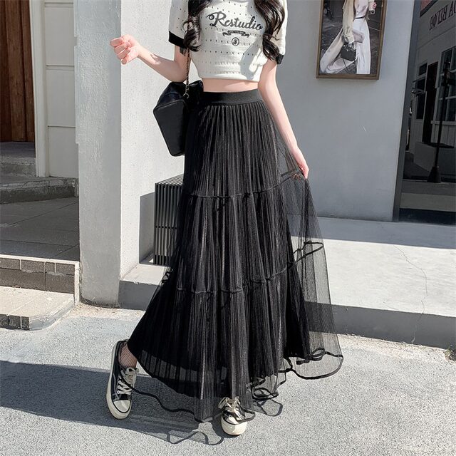 Mesh long skirt tall skirt for women in spring and summer 2025 super hot droop elastic waist A-line pleated skirt long style