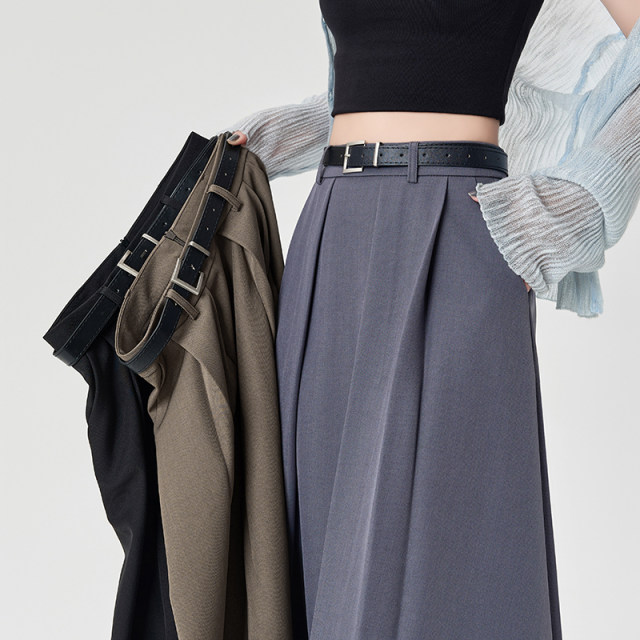 Suit skirt for women with small summer professional temperament mid-length large pleated a-line skirt with pockets
