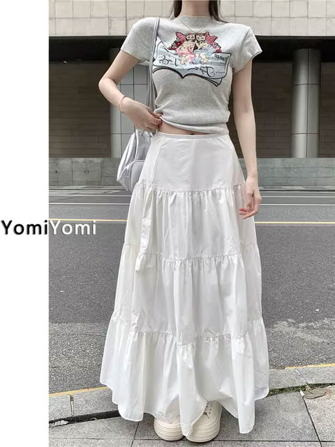 Hong Kong -style high -waist skirt female spring and autumn large size fat MM half skirt A -line cake long skirt artistic sense desire skirt ins