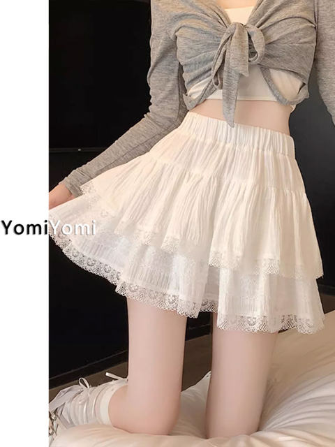 French ballet puff cake skirt female summer big size fat MM ruffle short skirt high waist A -line lace half body skirt