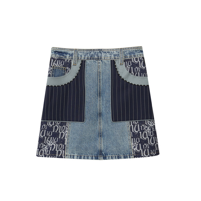 I love LuluLULUALWAYS Autumn New High Waist A-line Spoke Interface Bag Blue Denim Skirt
