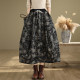 Retro printed plus velvet denim large-size skirt new autumn and winter warm elastic and slimming mid-length flower bud skirt trendy