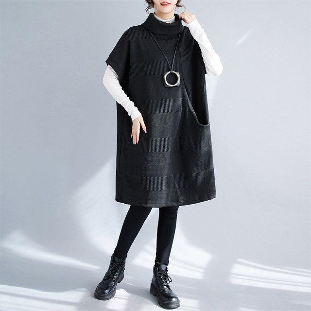 Slimming autumn and winter loose new high-neck temperament dress fat mm large size belly-covering casual mid-length hip-covering skirt