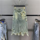 Retro old denim skirt for women 2025 spring star embroidery irregular breasted a-line hip midi skirt