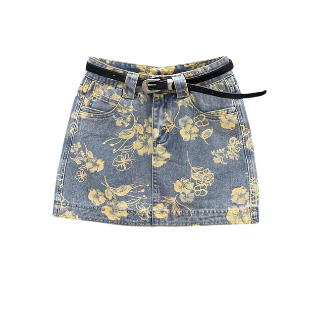 Retro flower printed denim skirt for women 2025 summer new versatile high-waisted slim A-line hip skirt