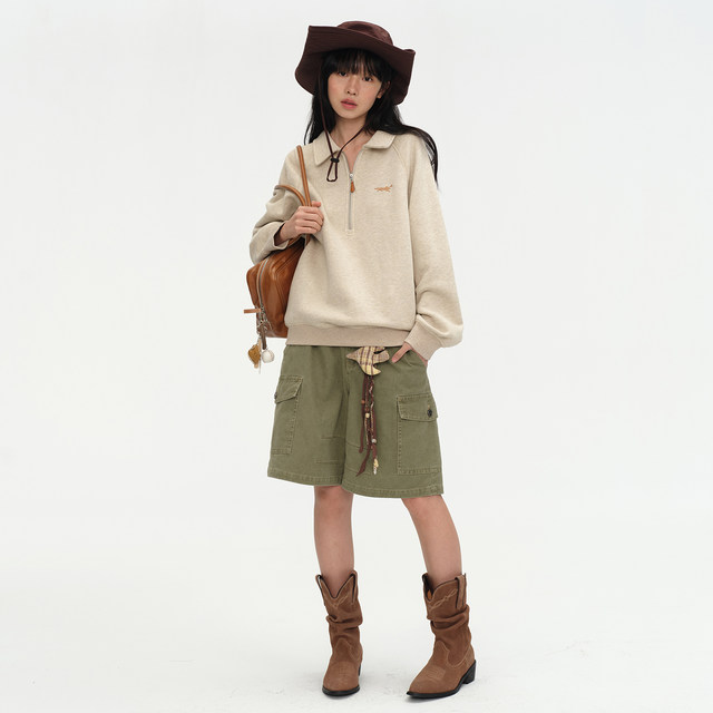 Omont egg tart home retro half zipper polo collar sweatshirt 2025 autumn silhouette loose casual pullover top