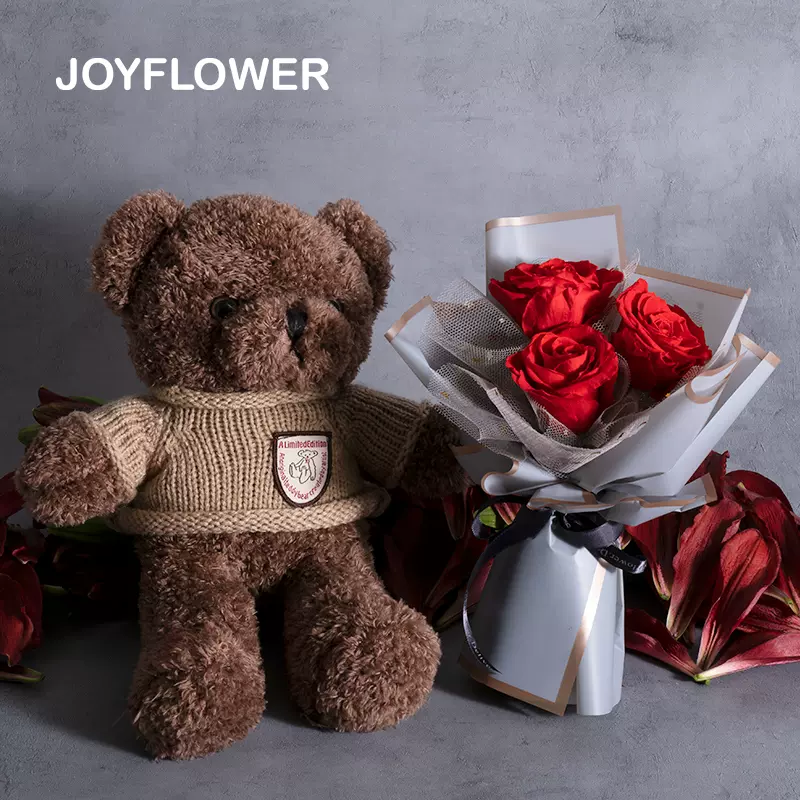 Joyflower泰迪熊花束永生花干花玫瑰花束女生生日礼盒情人节礼物