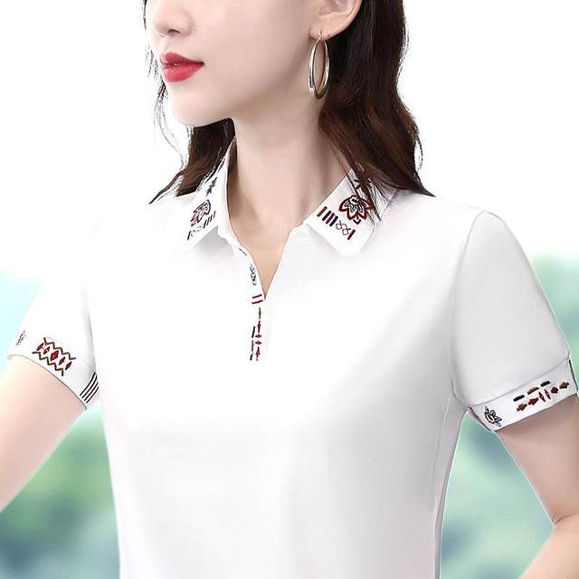 
2024 summer pure cotton short-sleeved T-shirt for women with slim fit and slim temperament lapel polo shirt large size embroidered top thin