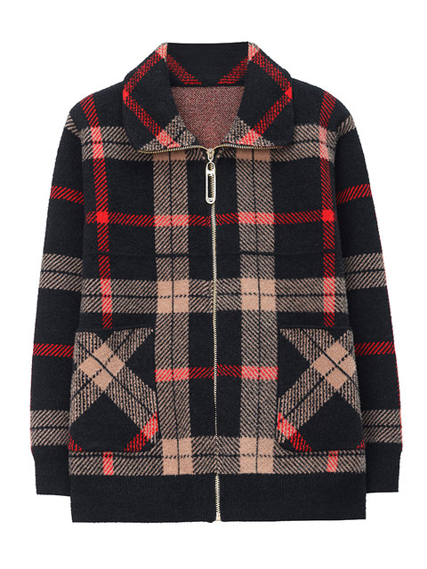 Middle-aged mother's coat Spring and Autumn 2025 new style middle-aged and elderly women's spring clothes lapel plaid knitted tweed top