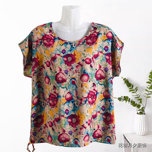 Cotton silk loose summer large-size short-sleeved top casual slim shirt artificial cotton age-reducing T-shirt for middle-aged and elderly mothers