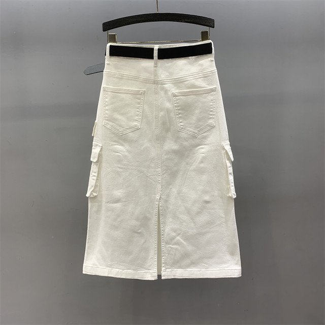 White work pocket denim skirt for women 2025 spring new high-waist loose slim A-line hip-pack long skirt