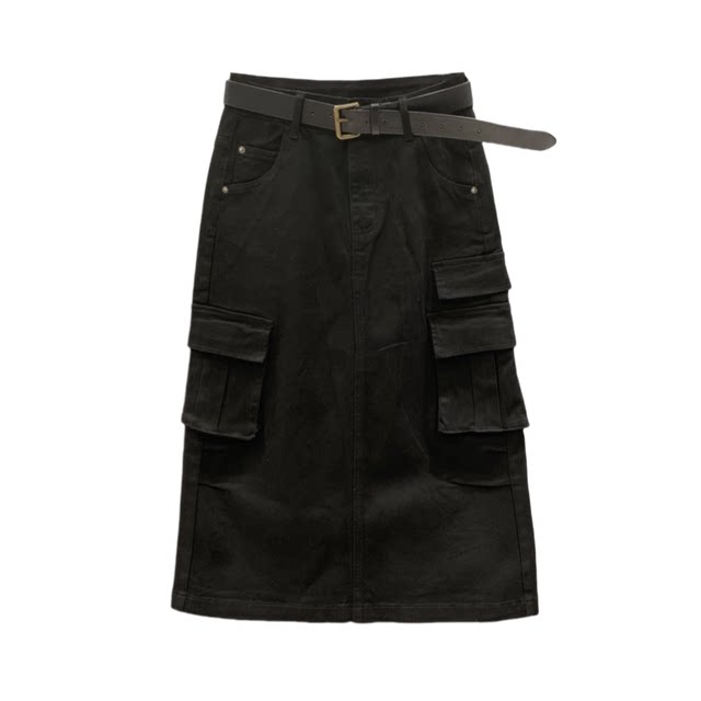 White work pocket denim skirt for women 2025 spring new high-waist loose slim A-line hip-pack long skirt